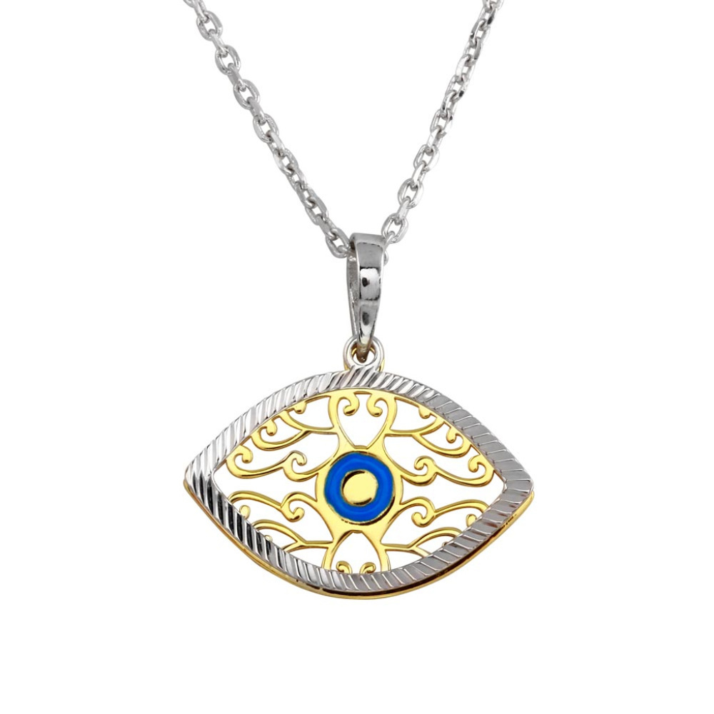 Sterling Silver 2 Toned Blue Double Eye Necklace